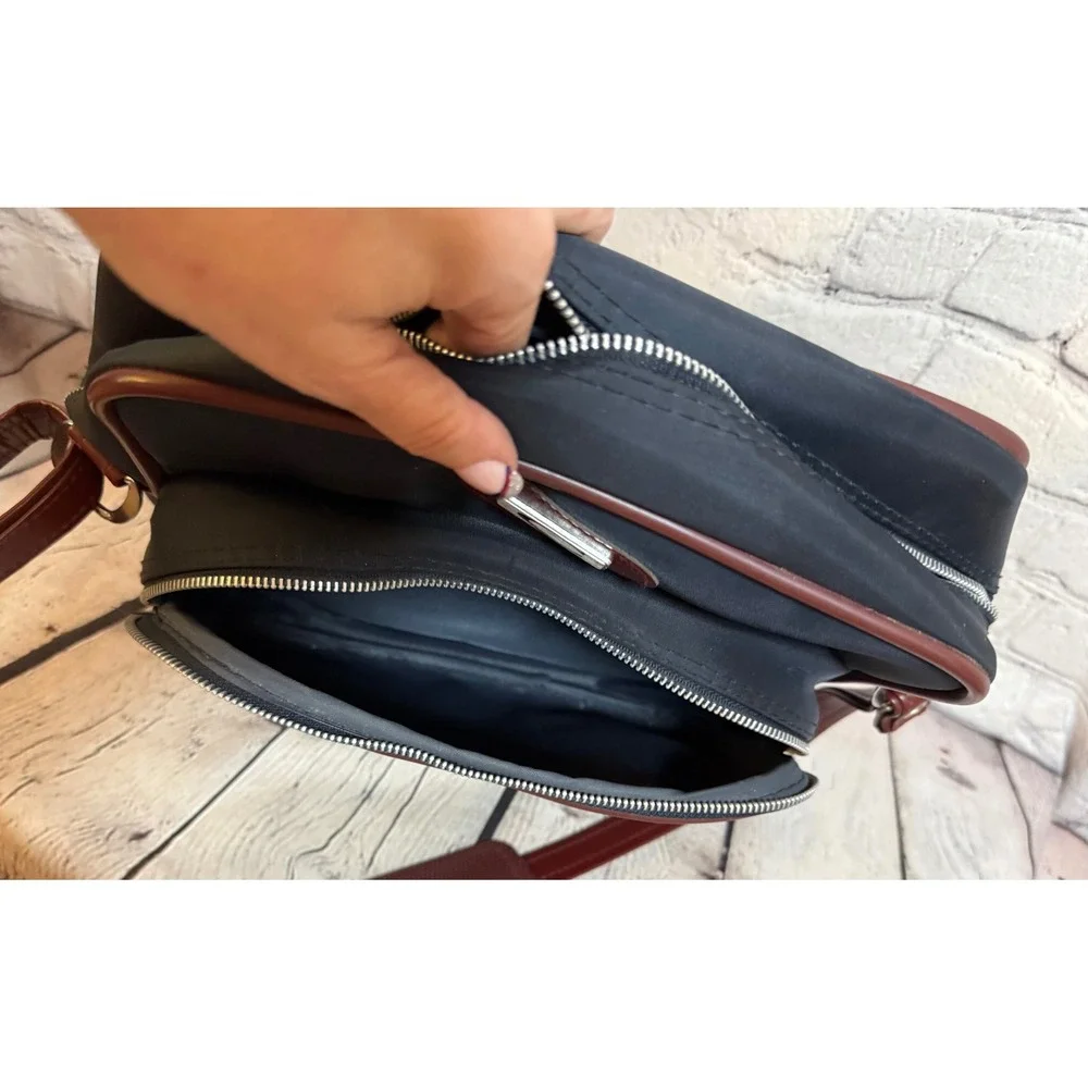 Vintage Navy Blue Nylon Crossbody Bag Brown Trim Adjustable Strap